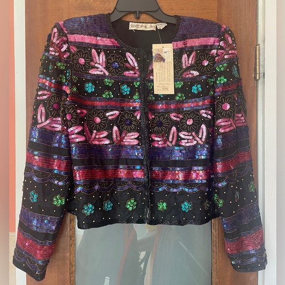 SCALA Vtge Silk Full Sequin Beaded Bolero Jacket Stripe Floral Bright LARGE NWT - Picture 1 of 9
